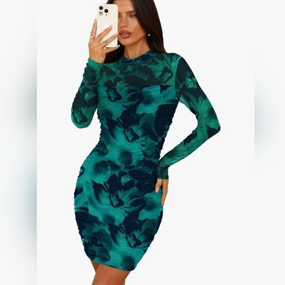 🔸️NWT Emerald Blue Floral Bodycon Mesh Long Sleeve Dress Small - Picture 16 of 16